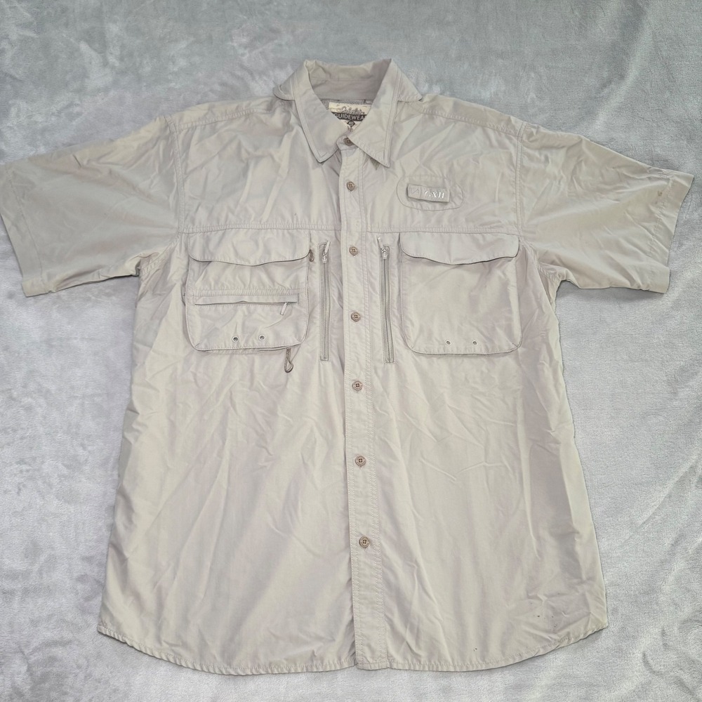 Cabelas Guidewear GX II Mens Large Tan Fishing Shirt Short Sleeve UPF 40 Utility